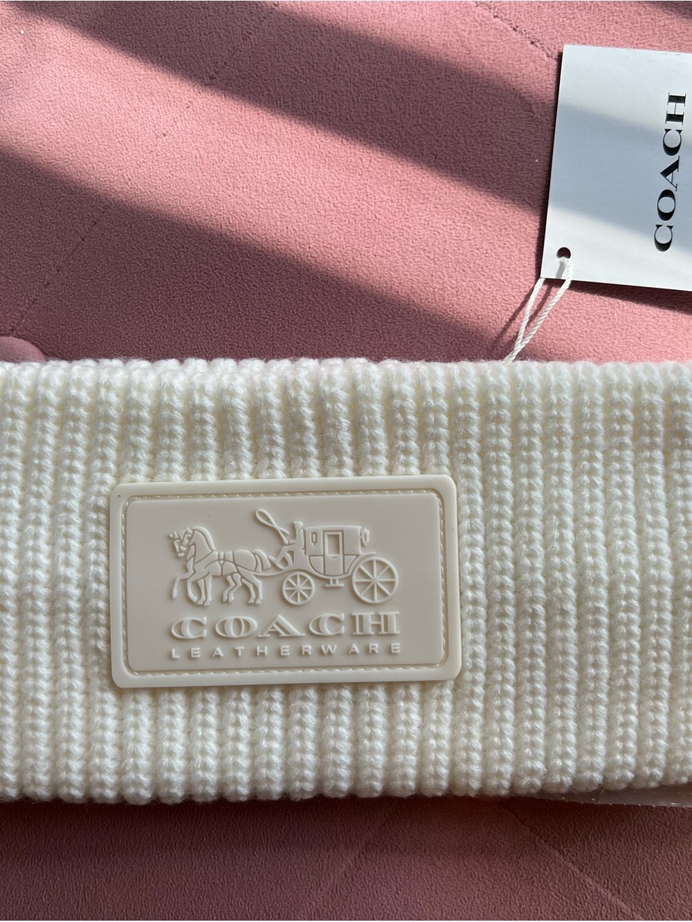 Coach Cream Ribbed Knit Headband with Embossed Logo Patch